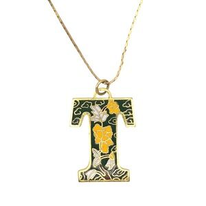Gold Tone Letter T Pendant Necklace Green Floral Enamel Cloisonne Style